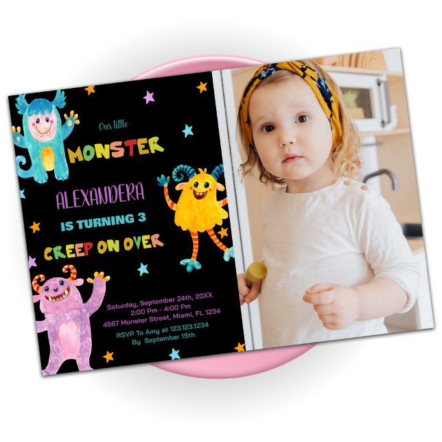 Invitaciones de cumpleaños monstruos foto púrpura  (Monster Birthday Invitations purple Black w photo)