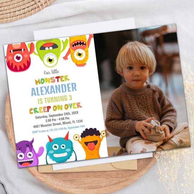 Invitaciones de cumpleaños, monstruos, una foto (Monster Birthday Invitations, Monsters one photo Invitation)