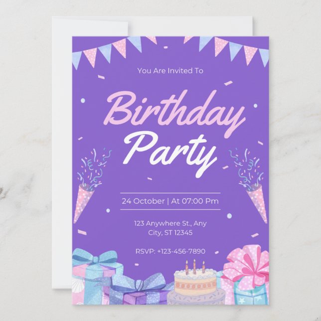 Invitaciones de cumpleaños moradas. (Anverso)