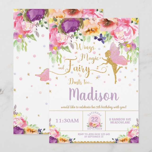 Invitaciones de cumpleaños morado Floral morado Wh (Anverso / Reverso)