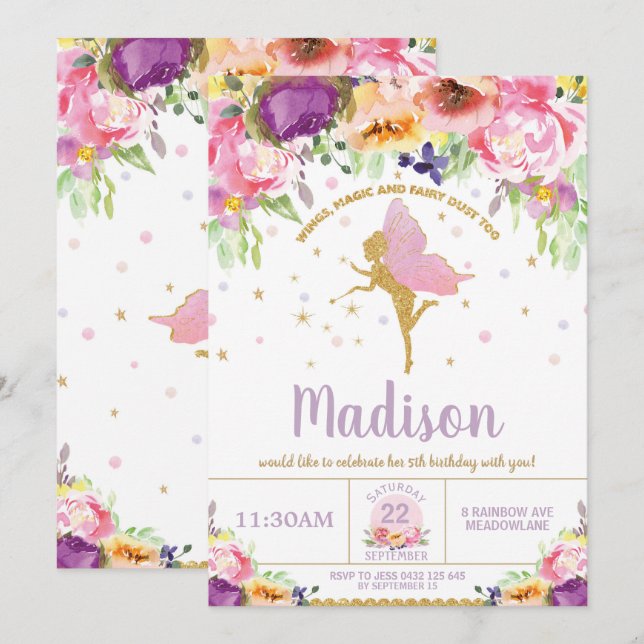 Invitaciones de cumpleaños morado Floral morado Wh (Anverso / Reverso)