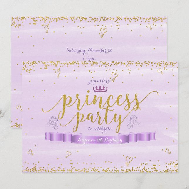 Invitaciones de cumpleaños morado y oro para princ (Anverso / Reverso)