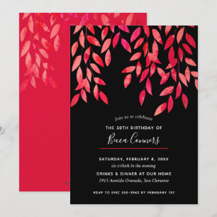 Invitaciones de cumpleaños negras de follaje rosad