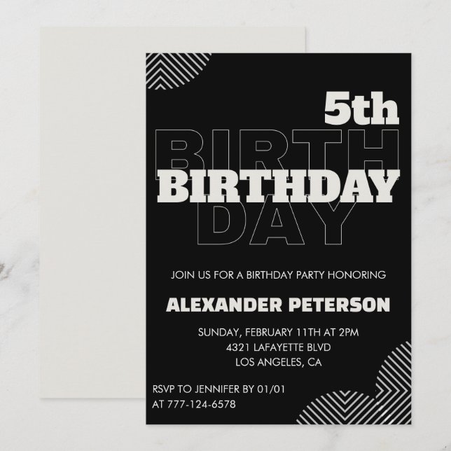 Invitaciones de cumpleaños negras para niño de 5 a (Anverso / Reverso)