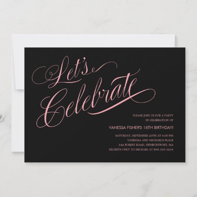 Invitaciones de cumpleaños negras y rosas (Anverso)