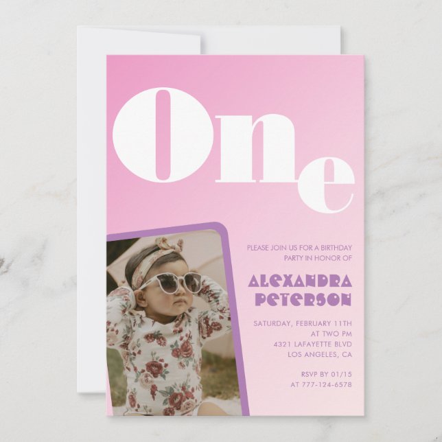 invitaciones de cumpleaños niña gradiente rosa fot (Anverso)