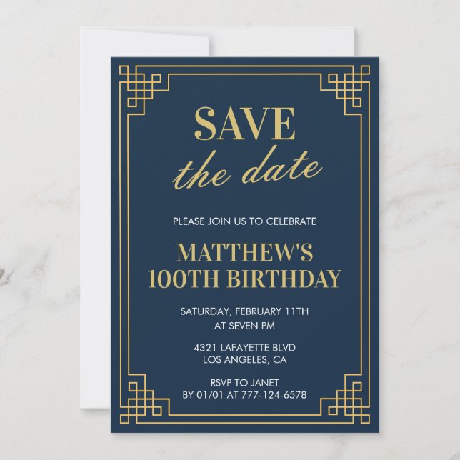 invitaciones de cumpleaños número 100 hombres Navy (Anverso)