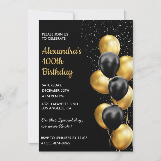 Invitaciones de cumpleaños número 100 negras con b (Anverso)