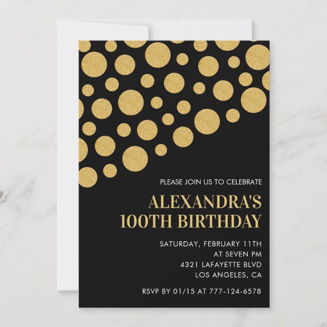 Invitaciones de cumpleaños número 100 negras con c (Anverso)