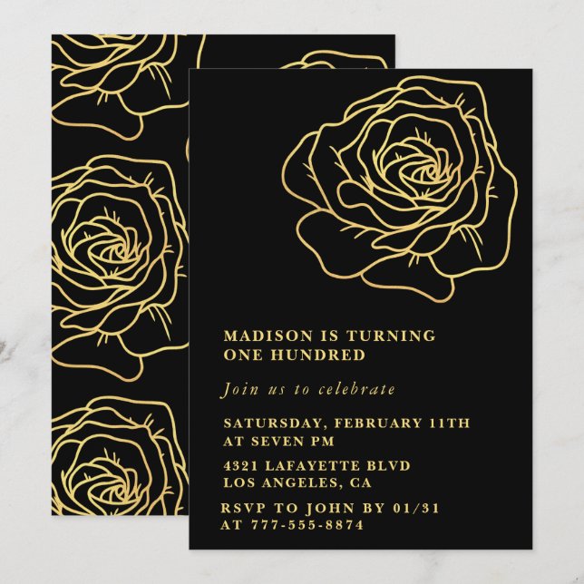 Invitaciones de cumpleaños número 100 negras con f (Anverso / Reverso)