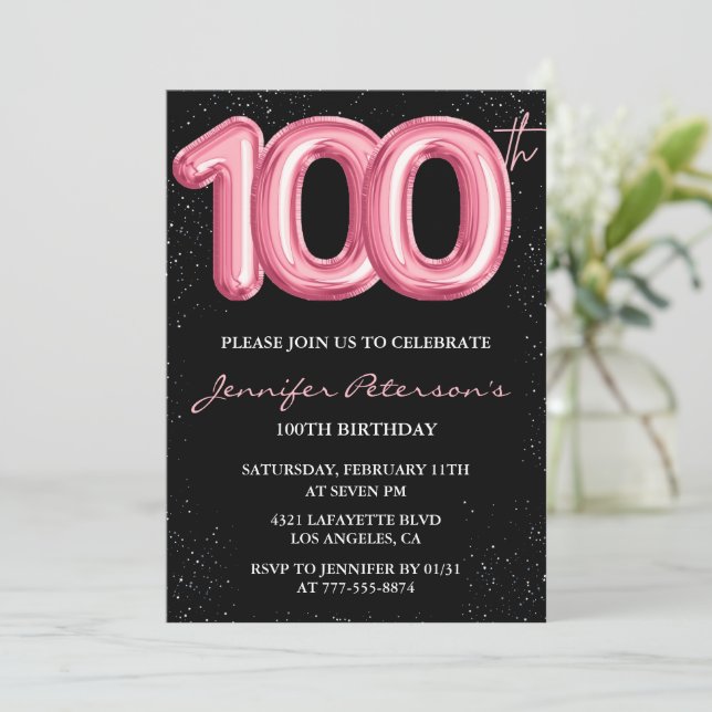 Invitaciones de cumpleaños número 100 negras Globo (Anverso de pie)