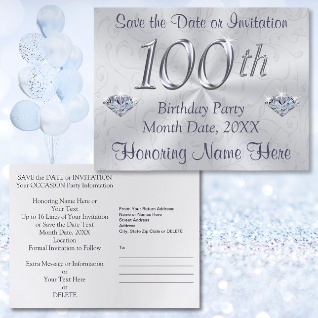 Invitaciones de cumpleaños número 100 o Anunciar l (Save the date 100th birthday. 100th birthday save the date post cards. 100th birthday invitations.)