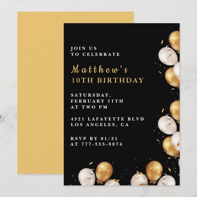 Invitaciones de cumpleaños número 10 negras con gl (Anverso / Reverso)