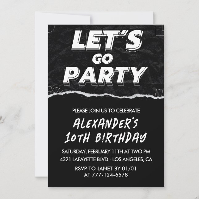 Invitaciones de cumpleaños número 10 niño Negras B (Anverso)