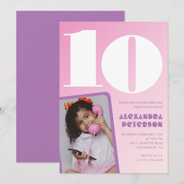 Invitaciones de cumpleaños número 10 rosadas Foto  (Anverso / Reverso)