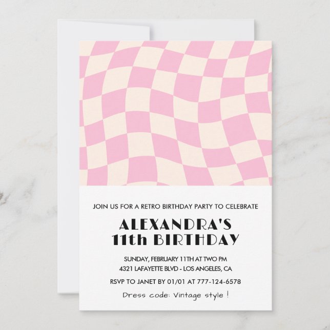invitaciones de cumpleaños número 11 Cuadros Retro (Anverso)