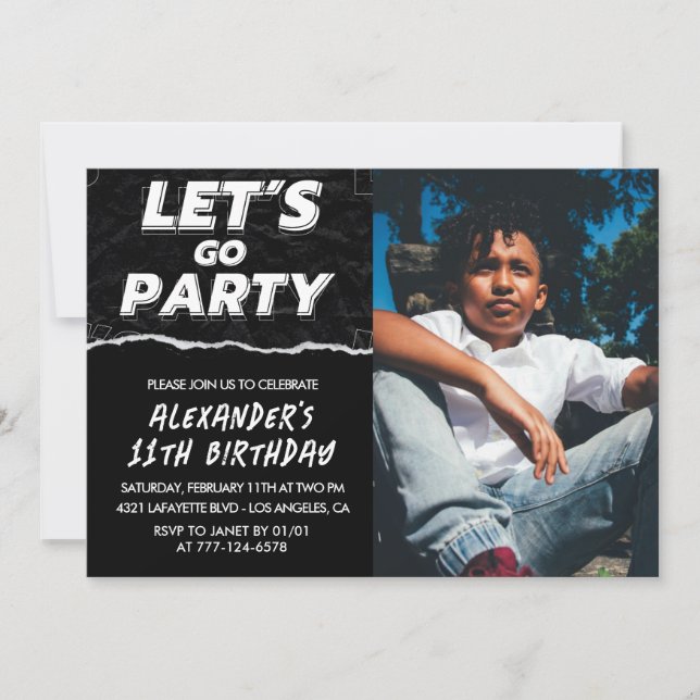 Invitaciones de cumpleaños número 11 negro Niño Fo (Anverso)