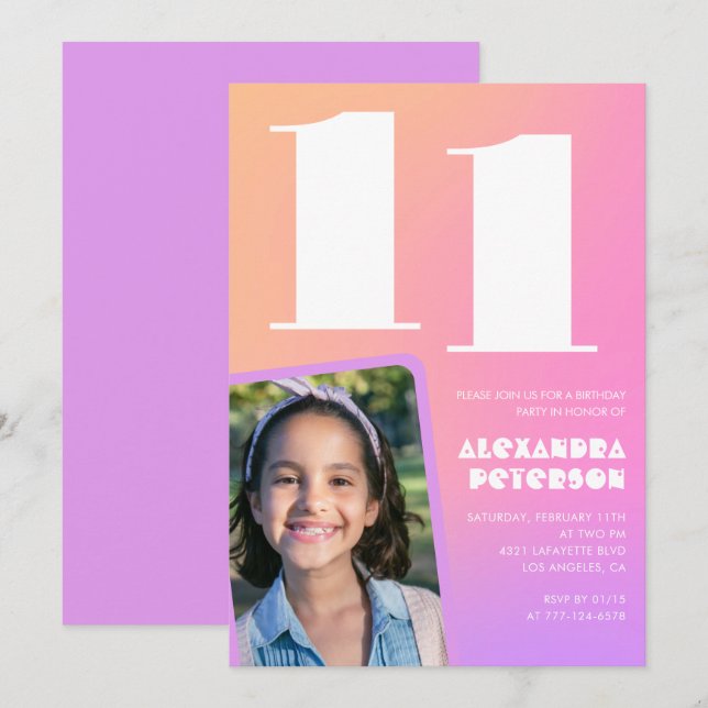 Invitaciones de cumpleaños número 11 Pink Orange R (Anverso / Reverso)