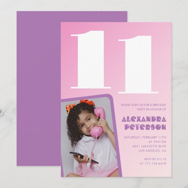 Invitaciones de cumpleaños número 11 rosadas con f (Anverso / Reverso)