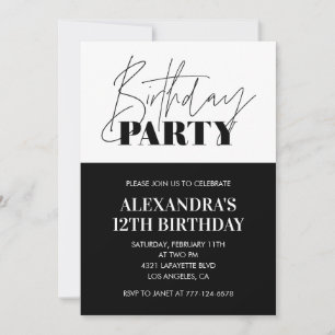 Invitaciones de cumpleaños número 12 Black White F