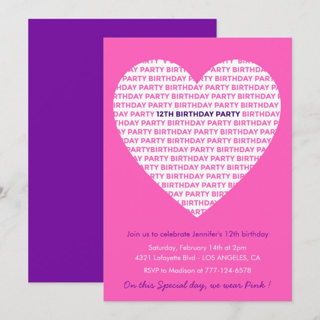 invitaciones de cumpleaños número 12 Corazón Rosa  (Anverso / Reverso)