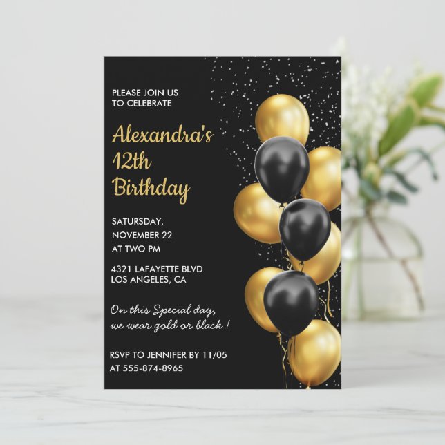 Invitaciones de cumpleaños número 12 negras con br (Anverso de pie)