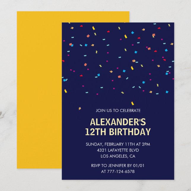 invitaciones de cumpleaños número 12 niño Confeti  (Anverso / Reverso)