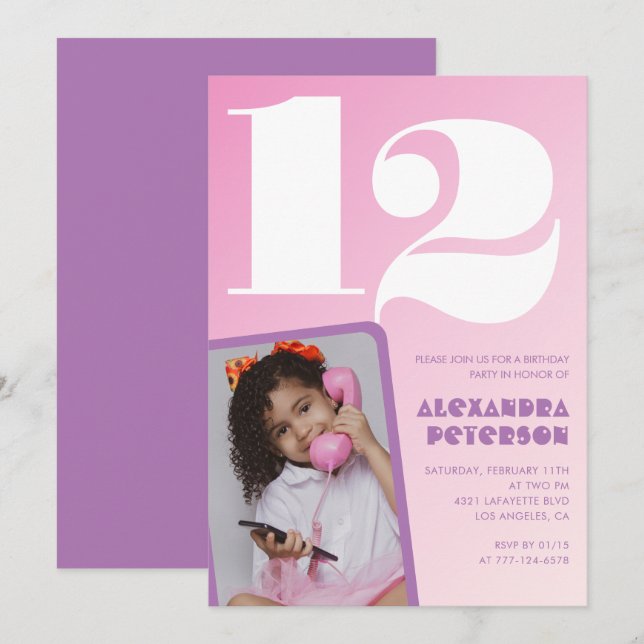 Invitaciones de cumpleaños número 12 rosadas con f (Anverso / Reverso)