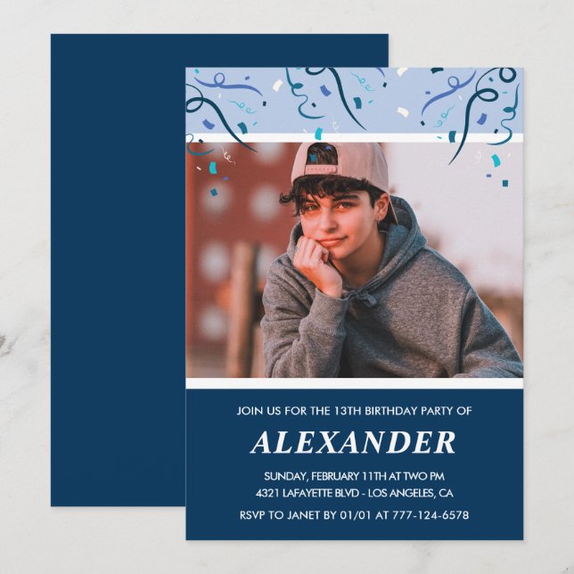 invitaciones de cumpleaños número 13 con foto azul (Anverso / Reverso)