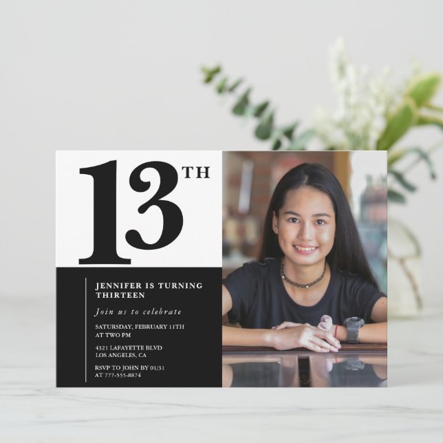 Invitaciones de cumpleaños número 13 con foto Eleg (Anverso de pie)