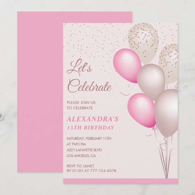 invitaciones de cumpleaños número 13 Globos Confet (Anverso / Reverso)