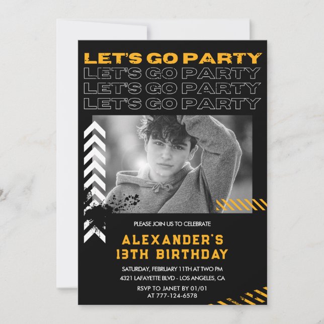 Invitaciones de cumpleaños número 13 negras para n (Anverso)