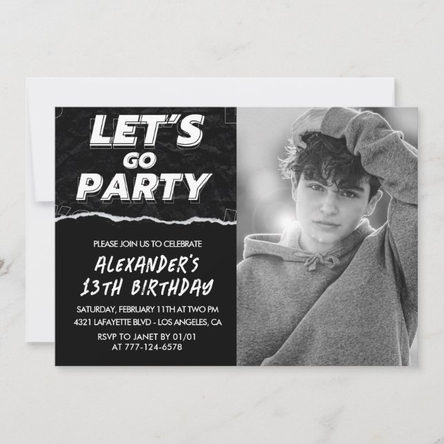 Invitaciones de cumpleaños número 13 negras para n (Anverso)