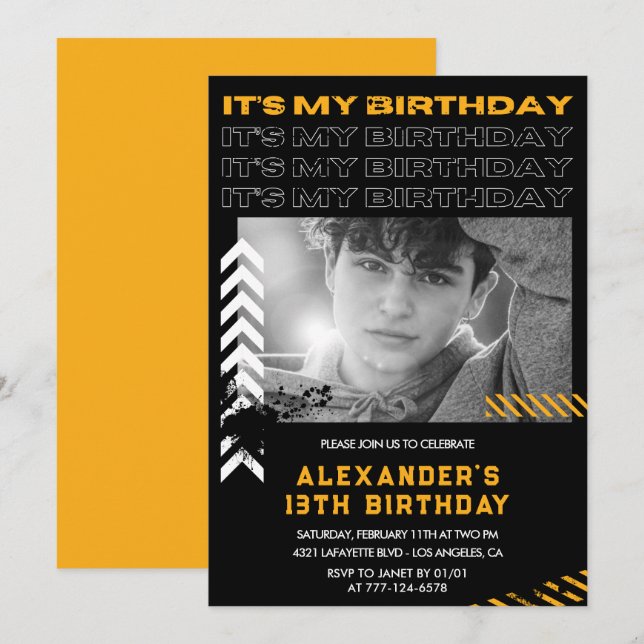 invitaciones de cumpleaños número 13 para niño Fot (Anverso / Reverso)