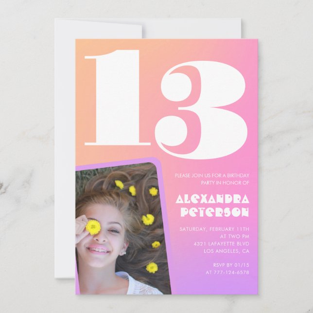 Invitaciones de cumpleaños número 13 Pink Orange R (Anverso)