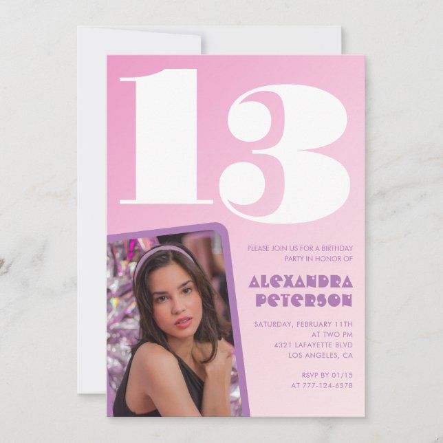 Invitaciones de cumpleaños número 13 rosadas con f (Anverso)