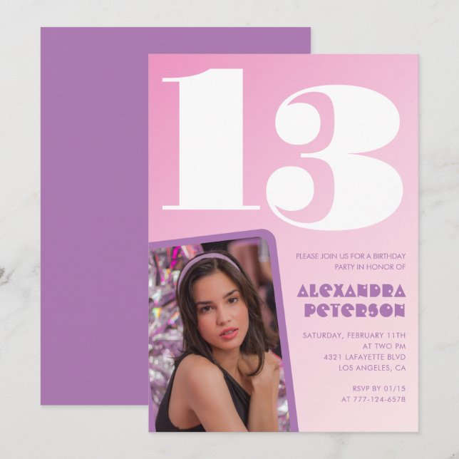 Invitaciones de cumpleaños número 13 rosadas con f (Anverso / Reverso)