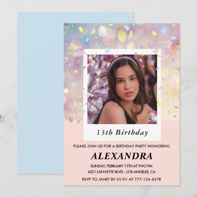 Invitaciones de cumpleaños número 13 rosadas Confe (Anverso / Reverso)