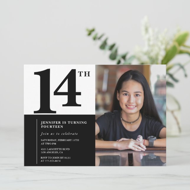 Invitaciones de cumpleaños número 14 con foto Eleg (Anverso de pie)