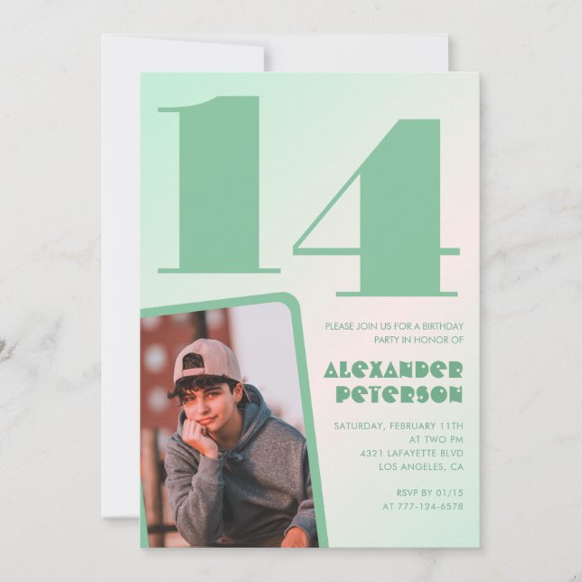 Invitaciones de cumpleaños número 14 con gradiente (Anverso)