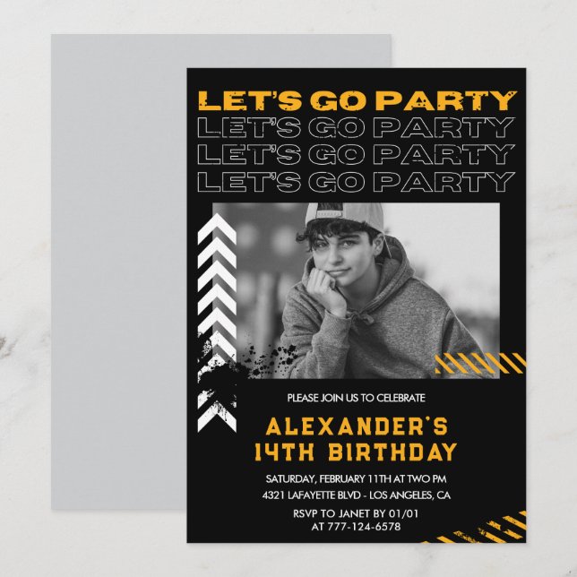 Invitaciones de cumpleaños número 14 negras Niño F (Anverso / Reverso)