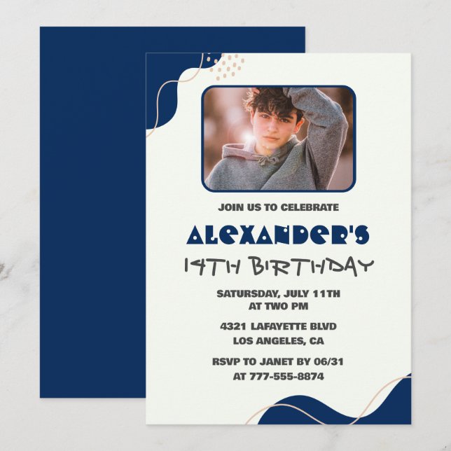 invitaciones de cumpleaños número 14 Niño Marina S (Anverso / Reverso)