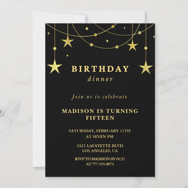 Invitaciones de cumpleaños número 15 negras con Es (Anverso)