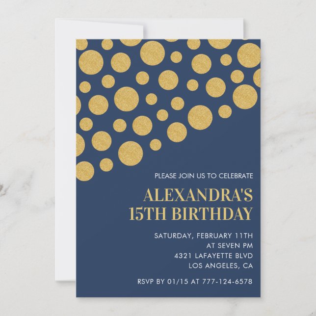 Invitaciones de cumpleaños número 15 negras Dorado (Anverso)