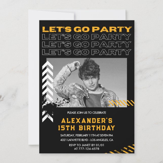 Invitaciones de cumpleaños número 15 negras para h (Anverso)