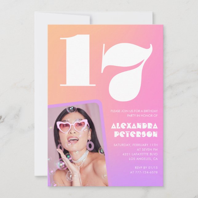 Invitaciones de cumpleaños número 17 rosadas para  (Anverso)