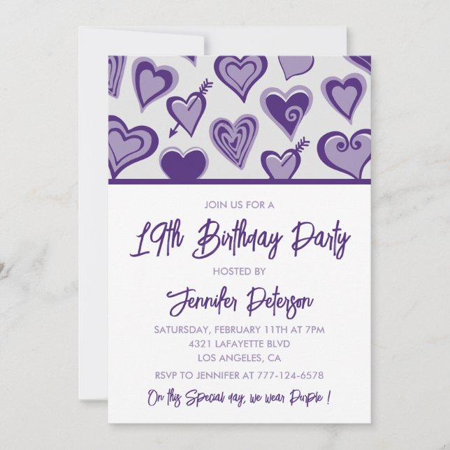 Invitaciones de cumpleaños número 19 femeninas Cor (Anverso)