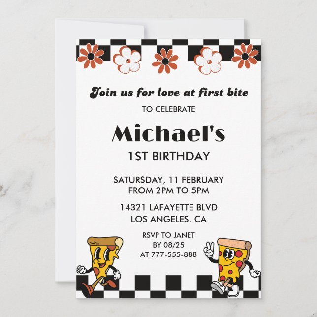 Invitaciones de cumpleaños número 1 con pizza | Fi (Anverso)