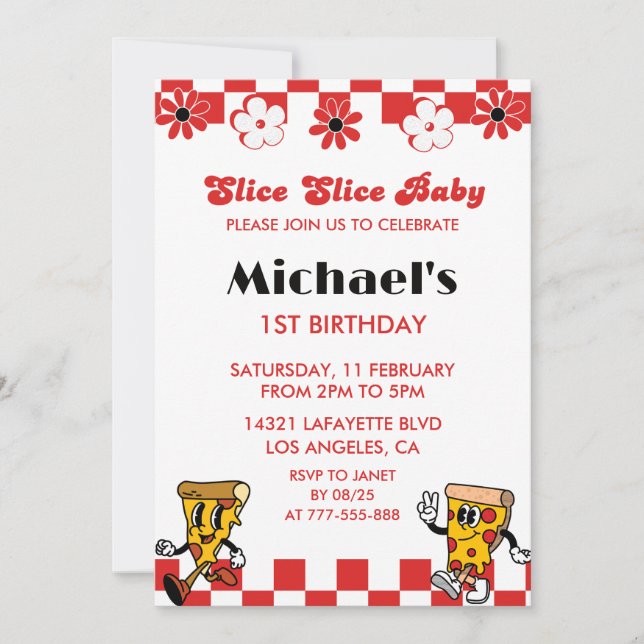 Invitaciones de cumpleaños número 1 con pizza Slic (Anverso)