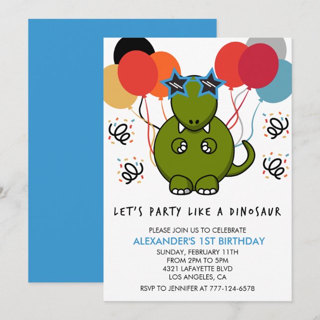Invitaciones de cumpleaños número 1 de dinosaurio  (Anverso / Reverso)